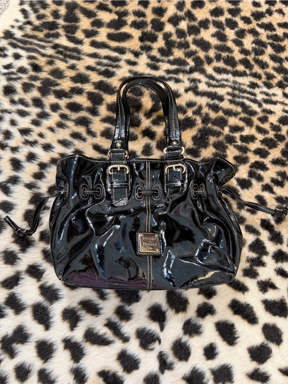 Dooney and Bourke Small Chiara Shoulder Bag Satchel Tote Black Patent Drawstring